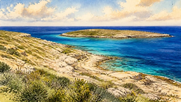 Documentary watercolour linking Ustica's dark volcanic coast, Lampedusa's pale cliffs and Linosa's red-black cones across open Mediterranean water