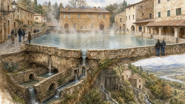 Original documentary watercolour of Bagno Vignoni thermal piazza and descending medieval mill channels