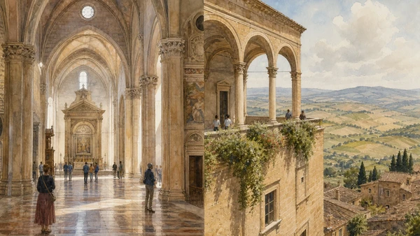 Original documentary watercolour pairing Pienza Cathedral interior with Palazzo Piccolomini loggia and valley view
