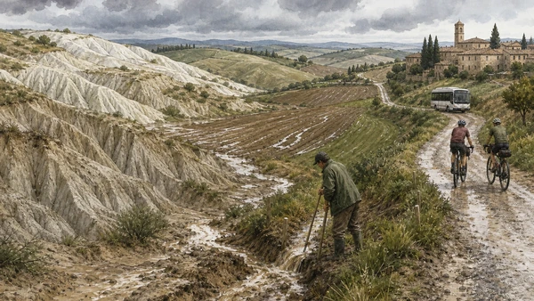 Original documentary watercolour of clay erosion, farm runoff care, cyclists and a village shuttle in Val d'Orcia