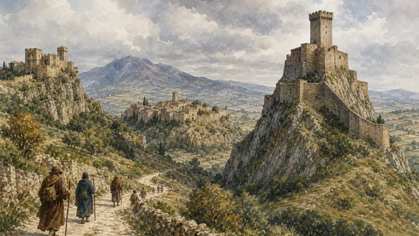 Original documentary watercolour of Rocca d'Orcia, Radicofani fortress and walkers on the historic route
