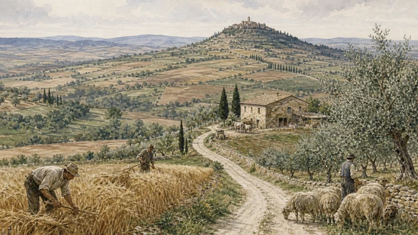 Original documentary watercolour of farmers, sheep, olives and divided fields in the living Val d'Orcia landscape