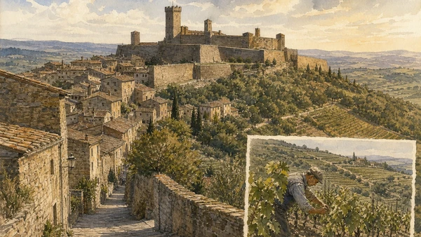 Original documentary watercolour of Montalcino fortress, steep streets and tended Sangiovese vineyards