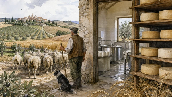 Original documentary watercolour of sheep, grain, olive fields and a small working pecorino dairy near Pienza