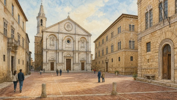 Original documentary watercolour of Piazza Pio II with Cathedral, palaces, town hall and brick paving