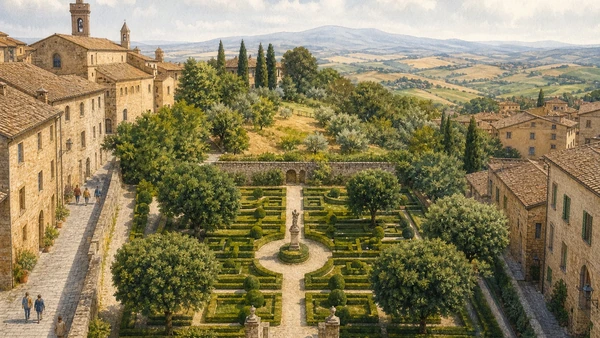 Original documentary watercolour of Horti Leonini, San Quirico stone streets and the surrounding valley