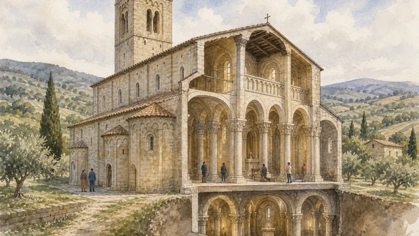 Original documentary watercolour cutaway of Sant'Antimo Abbey, Romanesque interior and olive valley