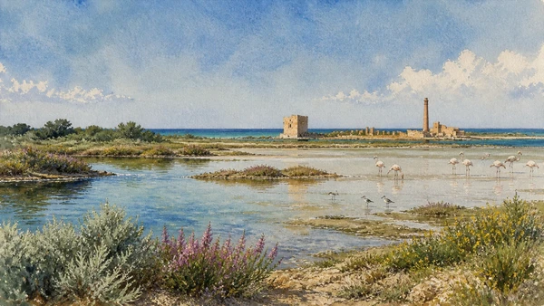 Documentary spring watercolour of Vendicari wetlands with shallow water, flamingos and waders, the Torre Sveva and tonnara beside the Ionian Sea