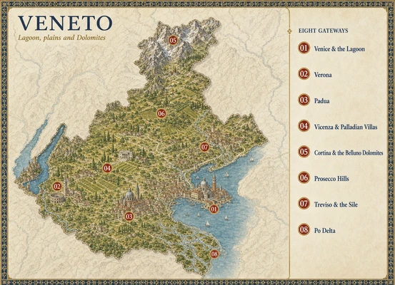 Illustrated map of Veneto with eight numbered Merlintravel gateways