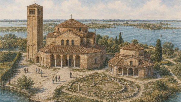 Original documentary watercolour of Santa Maria Assunta, Santa Fosca and the campanile on Torcello