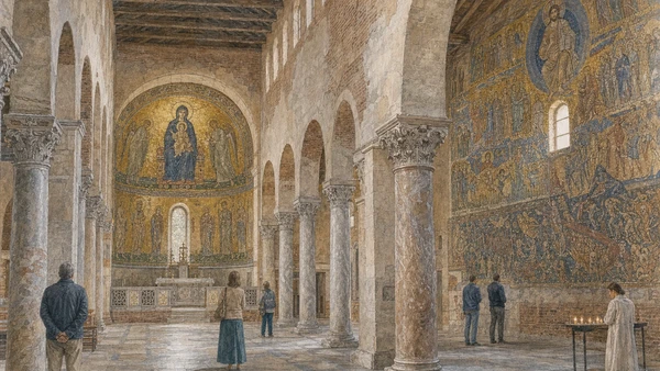 Original documentary watercolour of the apse and Last Judgement mosaics inside Torcello's Santa Maria Assunta