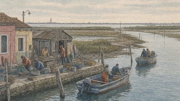 Original documentary watercolour of Burano fishers, working boats, nets and the shallow northern lagoon
