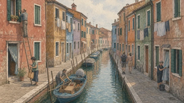 Original documentary watercolour of inhabited coloured houses, residents and working boats on a Burano canal