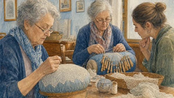 Original documentary watercolour of a Burano lace-maker working with thread, pattern and needle beside a window