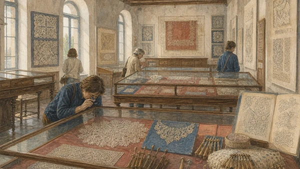 Original documentary watercolour of historic lace, pattern drawings and display cases inside Burano's Lace Museum