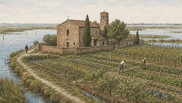 Original documentary watercolour of modest Santa Caterina, vines, gardens and managed lagoon land on Mazzorbo
