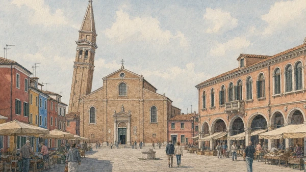 Original documentary watercolour of Piazza Galuppi, San Martino and Burano's leaning bell tower