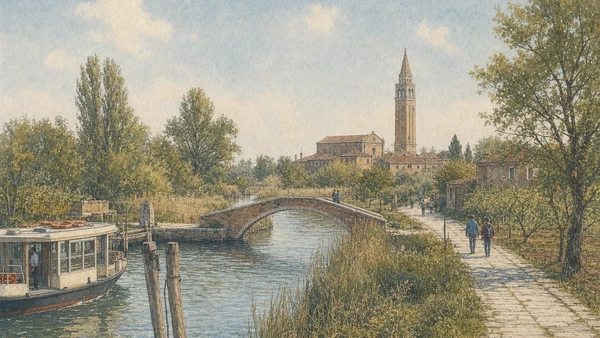 Original documentary watercolour of Torcello's canal path, Ponte del Diavolo, visitors and low lagoon landscape