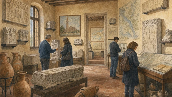 Original documentary watercolour of archaeological displays and architectural fragments inside the Torcello Museum
