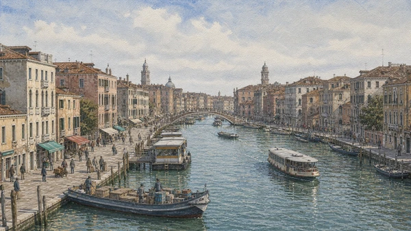 Original documentary watercolour of Rio di Cannaregio, bridge traffic, water transport and residential fondamenta