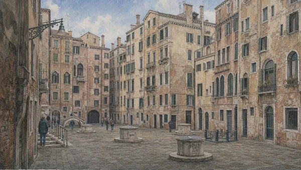 Original documentary watercolour of Campo del Ghetto Nuovo showing tall residential buildings and bridge approaches