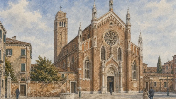 Original documentary watercolour of the brick Gothic facade, campo and campanile of Madonna dell'Orto