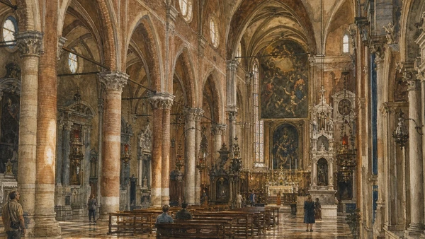 Original documentary watercolour of the Gothic nave and monumental painting settings inside Madonna dell'Orto