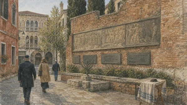 Original documentary watercolour of the deportation memorial reliefs and contemporary community life in Campo del Ghetto Nuovo