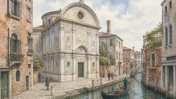 Original documentary watercolour of Santa Maria dei Miracoli beside its narrow Cannaregio canal