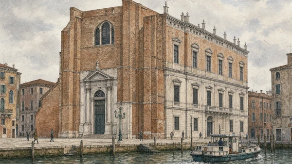 Original documentary watercolour of the Scuola Grande della Misericordia, canal edge and working boat
