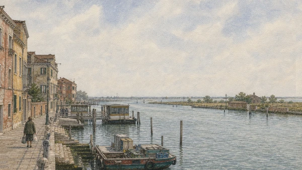 Original documentary watercolour of the Sant'Alvise waterfront, utility boats and open northern lagoon