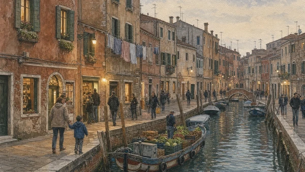 Original documentary watercolour of resident life, deliveries and early-evening hospitality along Fondamenta degli Ormesini