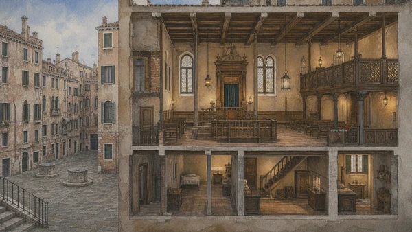 Original documentary watercolour cutaway illustrating upper-floor synagogue rooms within the Ghetto's residential fabric