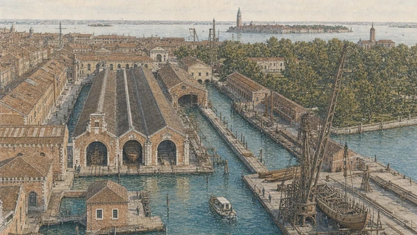 Original documentary watercolour of the Gaggiandre, internal basins and working edges of the Venetian Arsenale
