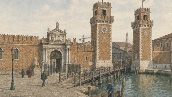 Original documentary watercolour of the monumental land and water entrances to the Venetian Arsenale