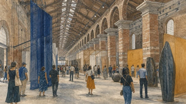 Original documentary watercolour of reversible Biennale installations within the historic Corderie