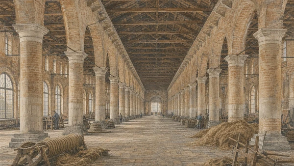 Original documentary watercolour of the Corderie as a historic hemp-rope production hall