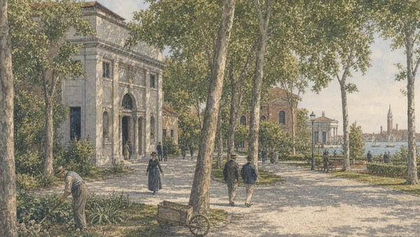 Original documentary watercolour of the tree-lined Giardini, Central Pavilion and lagoon edge