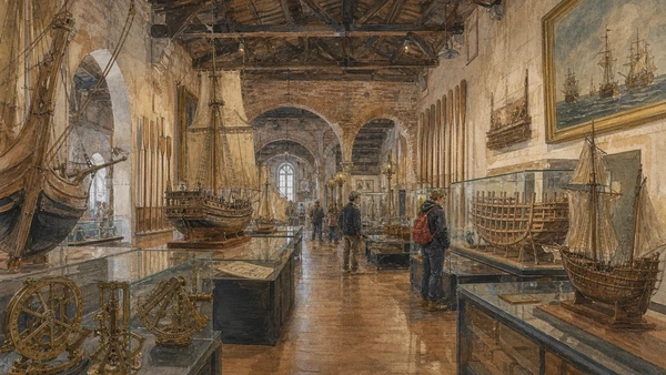 Original documentary watercolour of ship models and navigation instruments inside Venice's Naval History Museum