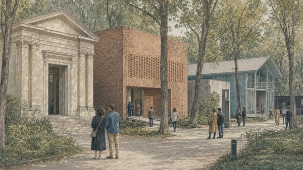 Original documentary watercolour study of contrasting national pavilion architectures in the Giardini
