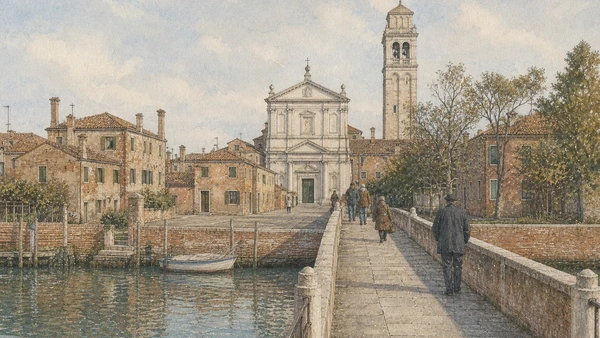 Original documentary watercolour of the bridge, basilica and campanile of San Pietro di Castello