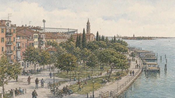 Original documentary watercolour of Sant'Elena housing, park, bicycles and lagoon-side transport