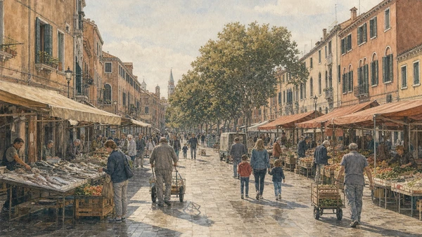 Original documentary watercolour of Via Garibaldi as a resident market and public corridor