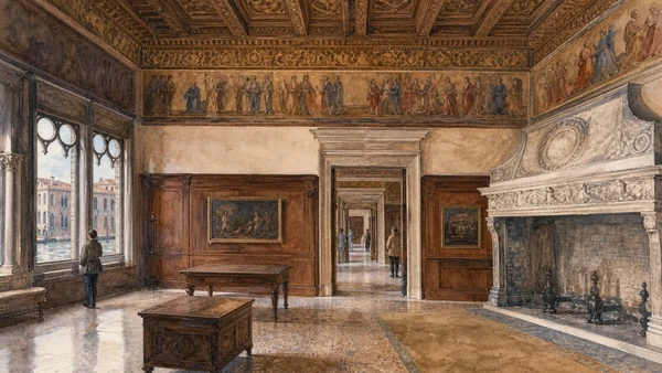 Original documentary watercolour of a carved ceiling, marble fireplace and enfilade in the Doge's Apartments