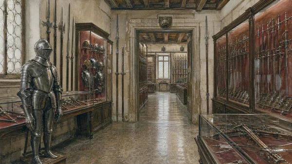 Original documentary watercolour of armour, polearms and weapons displayed in the Palazzo Ducale Armoury