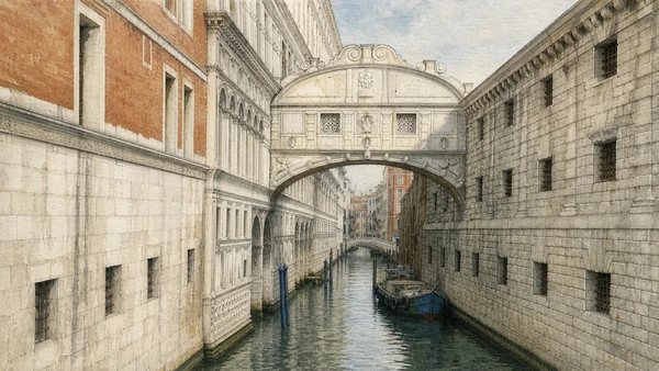 Original documentary watercolour of the Bridge of Sighs joining Palazzo Ducale to the New Prisons across the Rio di Palazzo