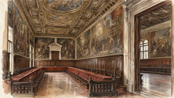 Original documentary watercolour of council benches, paintings and connected rooms in the Sala del Collegio and Senate sequence
