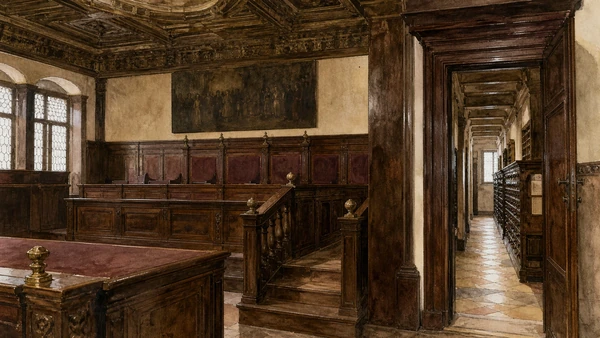 Original documentary watercolour of the Council of Ten chamber and a connected administrative passage