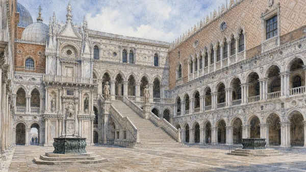 Original documentary watercolour of the Palazzo Ducale courtyard, wellheads and Scala dei Giganti
