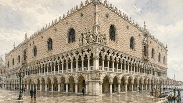 Original documentary watercolour of the waterfront and Piazzetta façades meeting at the sculpted corner of Palazzo Ducale